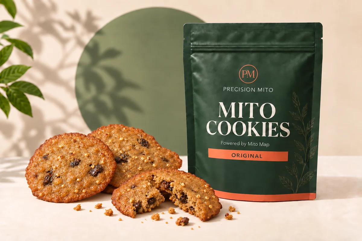 Precision Mito Cookies package with thin quinoa-crisp and raisin cookies